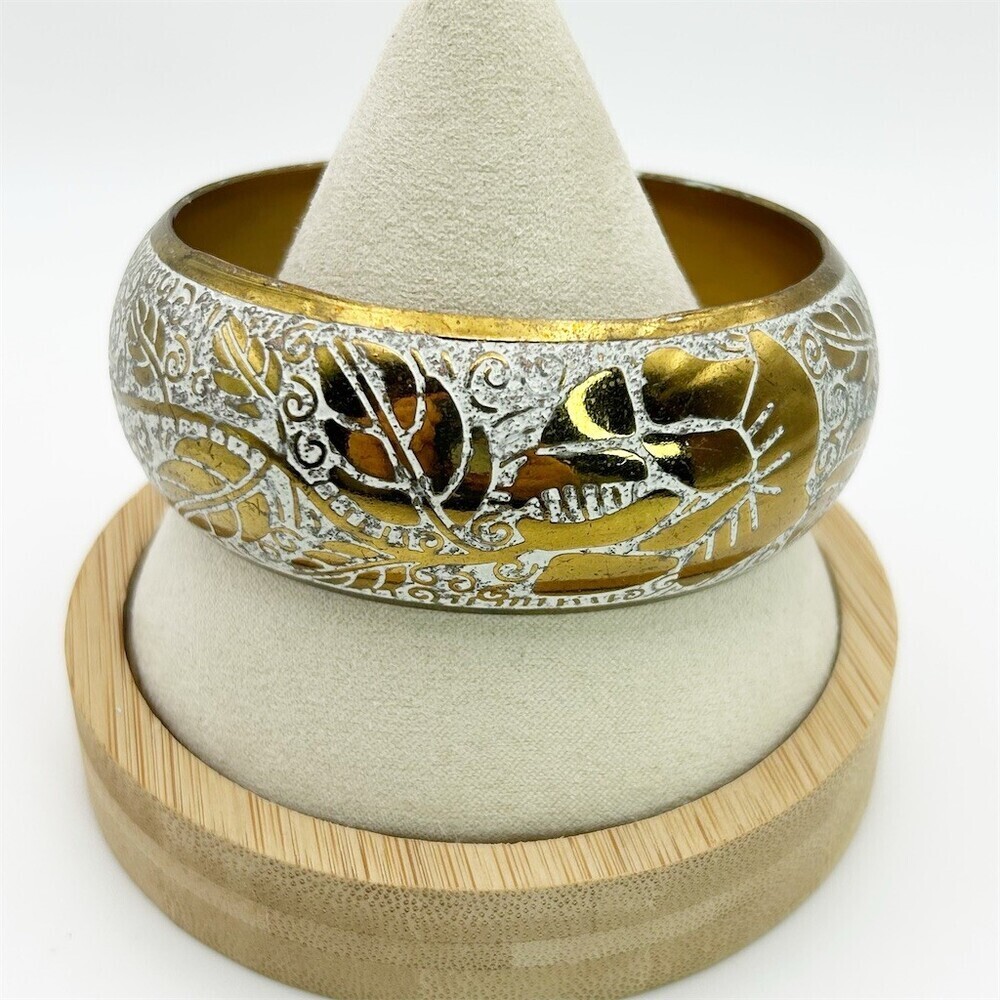 Wide Two-Tone Gold Floral Leaf Etched Bangle Bracelet Slip-On 8 inches Beautiful